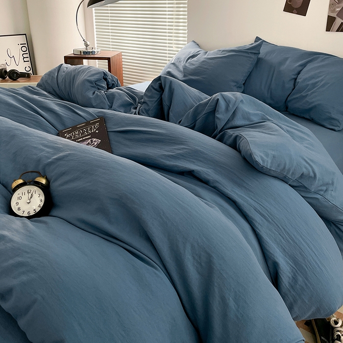 91家纺网 家纺一手货源 找家纺 优尚佳生活馆 2025新款ins风超柔褶皱亲肤磨毛水洗棉四件套纯色系列（风格二） 梵星蓝