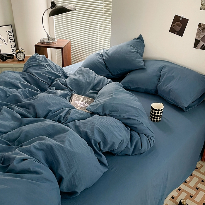 91家纺网 家纺一手货源 找家纺 优尚佳生活馆 2025新款ins风超柔褶皱亲肤磨毛水洗棉四件套纯色系列（风格二） 梵星蓝