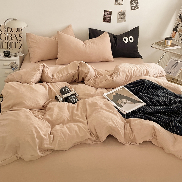 优尚佳生活馆 2025新款ins风超柔褶皱亲肤磨毛水洗棉四件套纯色系列（风格一） 奶茶