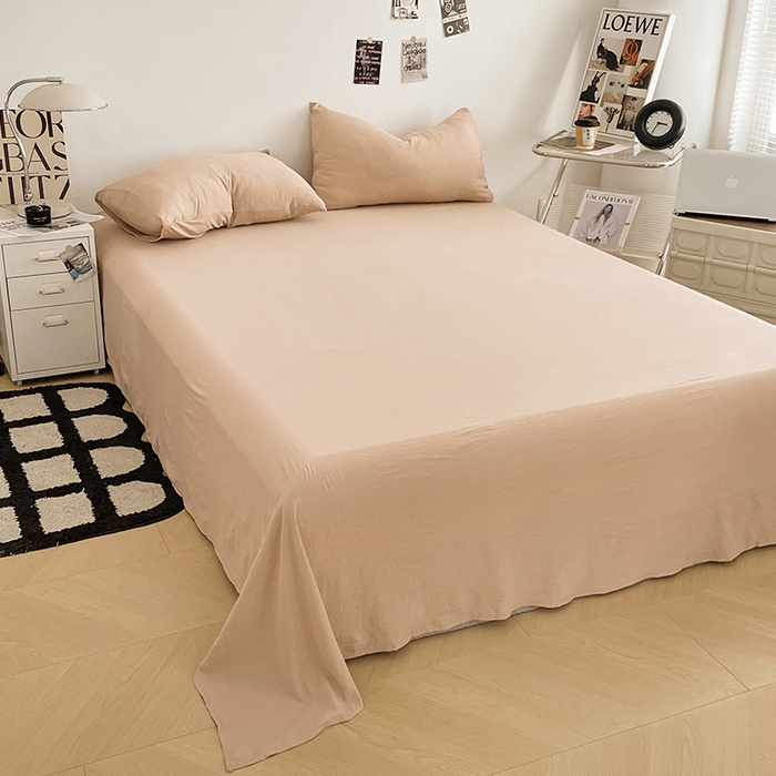 91家纺网 家纺一手货源 找家纺 优尚佳生活馆 2025新款ins风超柔褶皱亲肤磨毛水洗棉四件套纯色系列（风格一） 奶茶