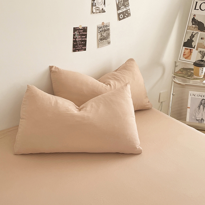 91家纺网 家纺一手货源 找家纺 优尚佳生活馆 2025新款ins风超柔褶皱亲肤磨毛水洗棉四件套纯色系列（风格一） 奶茶