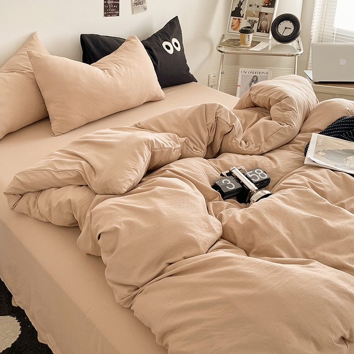 91家纺网 家纺一手货源 找家纺 优尚佳生活馆 2025新款ins风超柔褶皱亲肤磨毛水洗棉四件套纯色系列（风格一） 奶茶