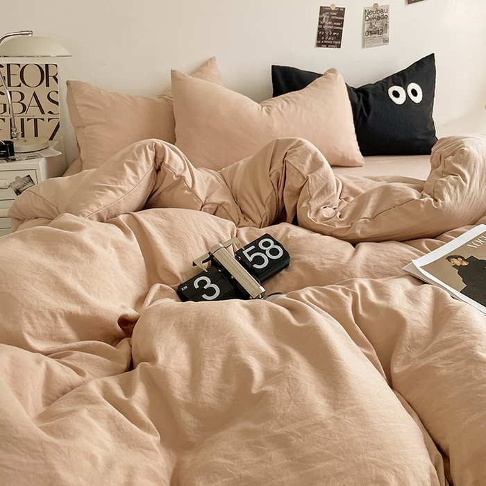 91家纺网 家纺一手货源 找家纺 优尚佳生活馆 2025新款ins风超柔褶皱亲肤磨毛水洗棉四件套纯色系列（风格一） 奶茶