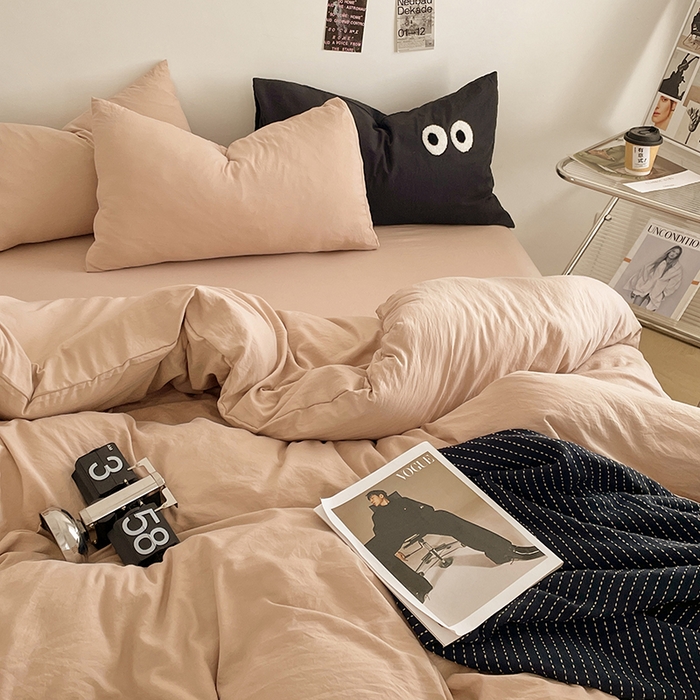 91家纺网 家纺一手货源 找家纺 优尚佳生活馆 2025新款ins风超柔褶皱亲肤磨毛水洗棉四件套纯色系列（风格一） 奶茶