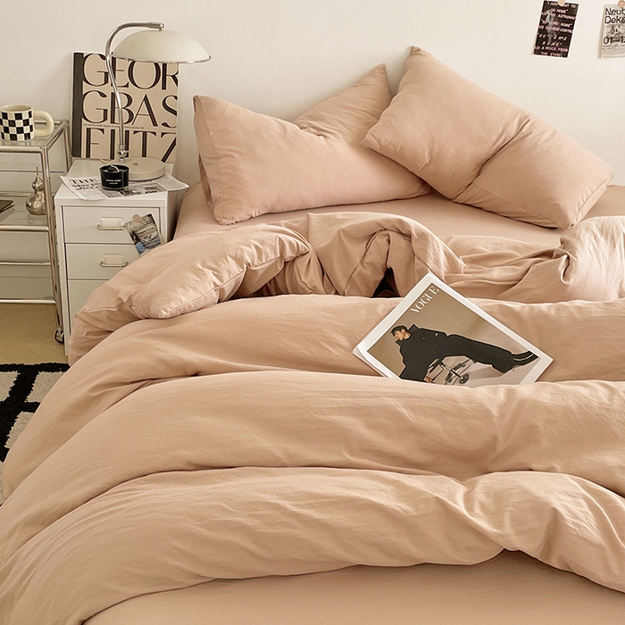 91家纺网 家纺一手货源 找家纺 优尚佳生活馆 2025新款ins风超柔褶皱亲肤磨毛水洗棉四件套纯色系列（风格一） 奶茶