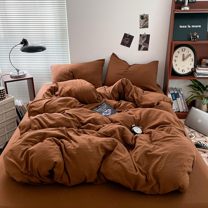 91家纺网 家纺一手货源 找家纺 优尚佳生活馆 2025新款ins风超柔褶皱亲肤磨毛水洗棉四件套纯色系列（风格二） 焦糖