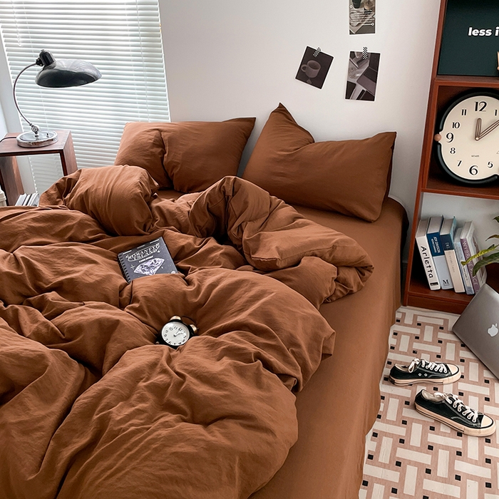 91家纺网 家纺一手货源 找家纺 优尚佳生活馆 2025新款ins风超柔褶皱亲肤磨毛水洗棉四件套纯色系列（风格二） 焦糖