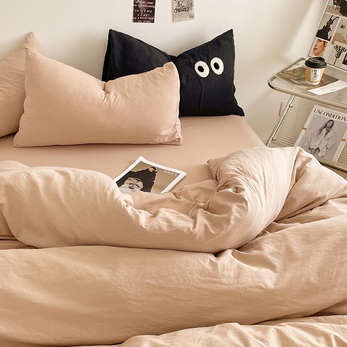 91家纺网 家纺一手货源 找家纺 优尚佳生活馆 2025新款ins风超柔褶皱亲肤磨毛水洗棉四件套纯色系列（风格一） 奶茶