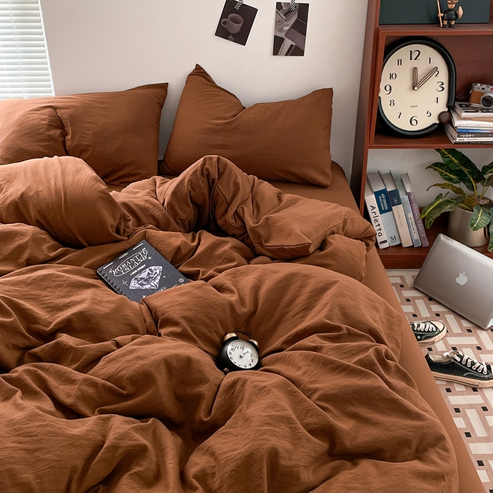 91家纺网 家纺一手货源 找家纺 优尚佳生活馆 2025新款ins风超柔褶皱亲肤磨毛水洗棉四件套纯色系列（风格二） 焦糖