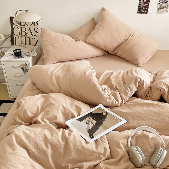 91家纺网 家纺一手货源 找家纺 优尚佳生活馆 2025新款ins风超柔褶皱亲肤磨毛水洗棉四件套纯色系列（风格一） 奶茶