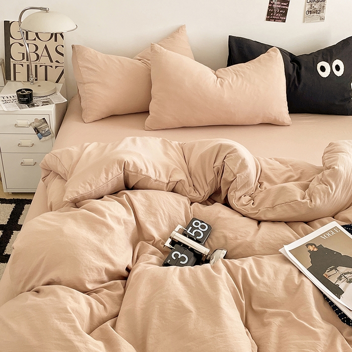 91家纺网 家纺一手货源 找家纺 优尚佳生活馆 2025新款ins风超柔褶皱亲肤磨毛水洗棉四件套纯色系列（风格一） 奶茶