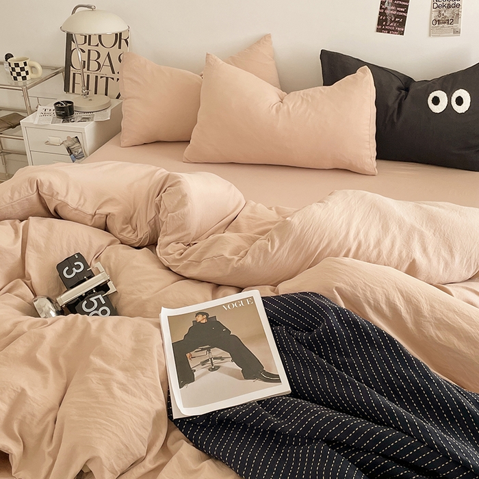 91家纺网 家纺一手货源 找家纺 优尚佳生活馆 2025新款ins风超柔褶皱亲肤磨毛水洗棉四件套纯色系列（风格一） 奶茶