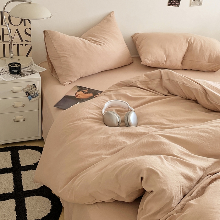 91家纺网 家纺一手货源 找家纺 优尚佳生活馆 2025新款ins风超柔褶皱亲肤磨毛水洗棉四件套纯色系列（风格一） 奶茶