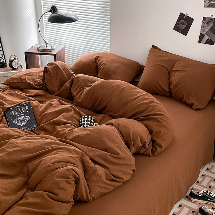 91家纺网 家纺一手货源 找家纺 优尚佳生活馆 2025新款ins风超柔褶皱亲肤磨毛水洗棉四件套纯色系列（风格二） 焦糖