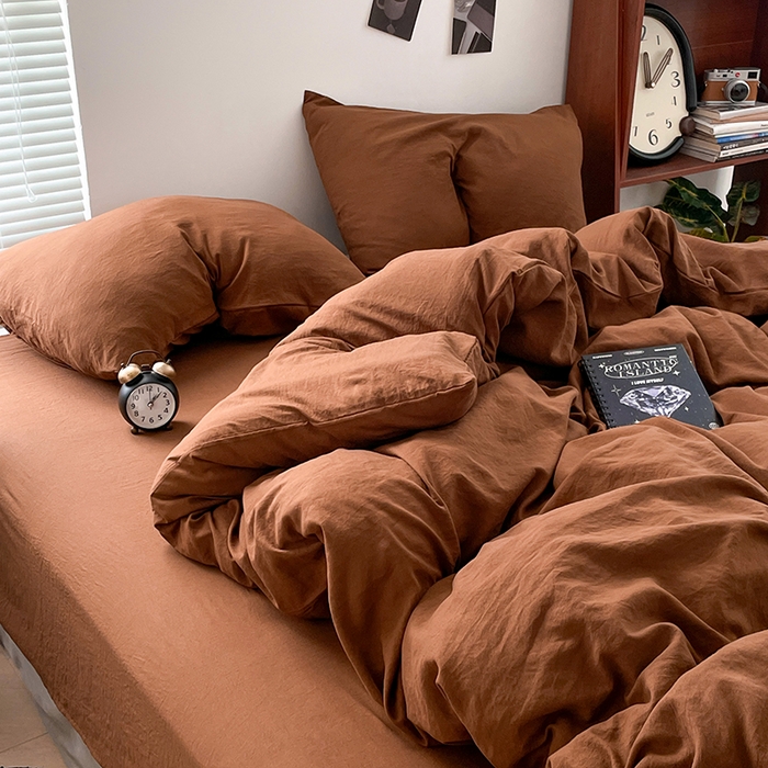 91家纺网 家纺一手货源 找家纺 优尚佳生活馆 2025新款ins风超柔褶皱亲肤磨毛水洗棉四件套纯色系列（风格二） 焦糖