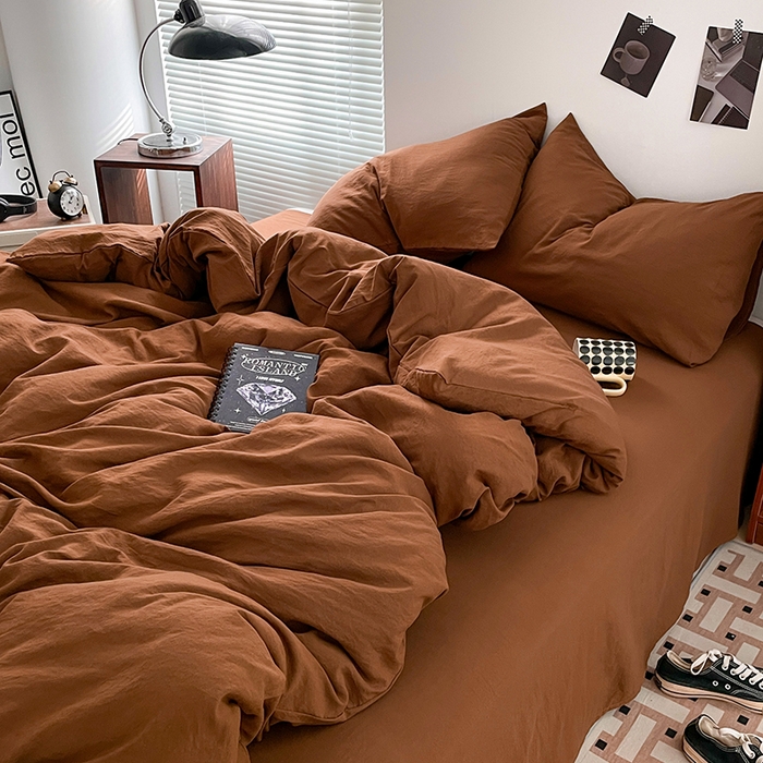 91家纺网 家纺一手货源 找家纺 优尚佳生活馆 2025新款ins风超柔褶皱亲肤磨毛水洗棉四件套纯色系列（风格二） 焦糖
