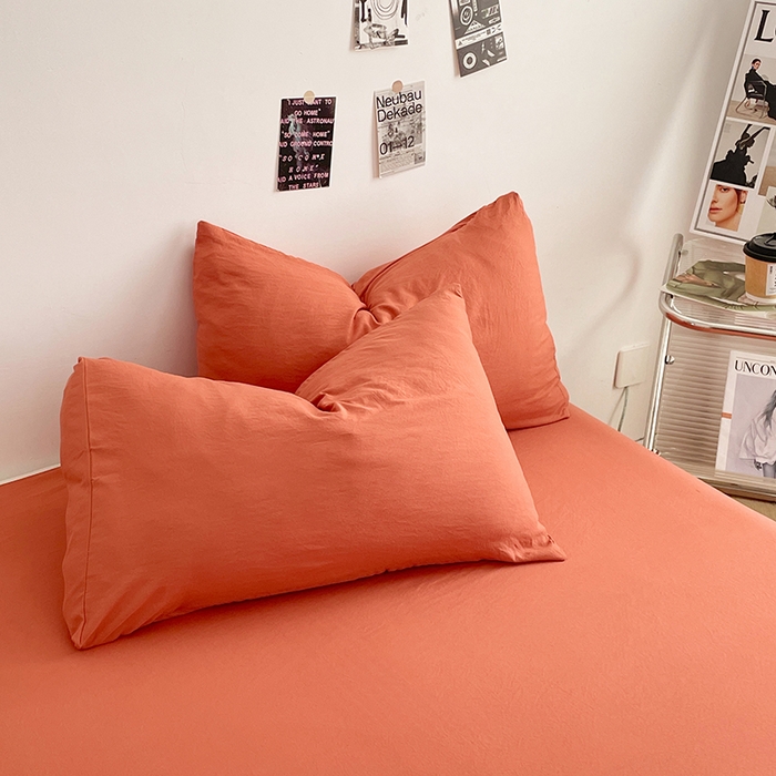 91家纺网 家纺一手货源 找家纺 优尚佳生活馆 2025新款ins风超柔褶皱亲肤磨毛水洗棉四件套纯色系列（风格一） 浪漫橙