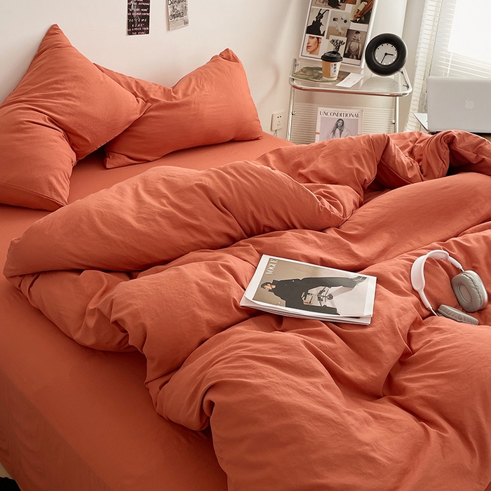 91家纺网 家纺一手货源 找家纺 优尚佳生活馆 2025新款ins风超柔褶皱亲肤磨毛水洗棉四件套纯色系列（风格一） 浪漫橙