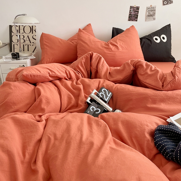 91家纺网 家纺一手货源 找家纺 优尚佳生活馆 2025新款ins风超柔褶皱亲肤磨毛水洗棉四件套纯色系列（风格一） 浪漫橙