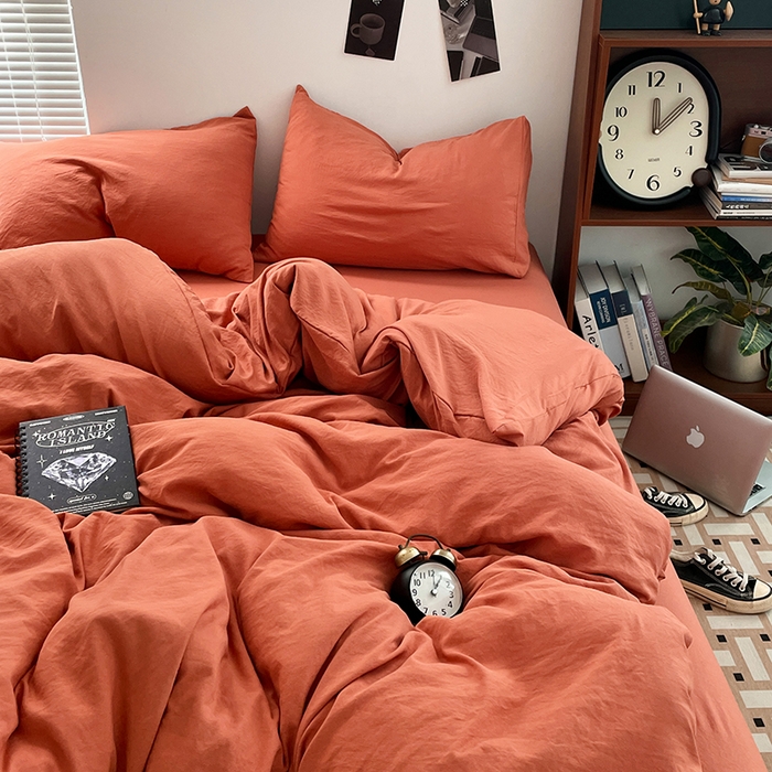 91家纺网 家纺一手货源 找家纺 优尚佳生活馆 2025新款ins风超柔褶皱亲肤磨毛水洗棉四件套纯色系列（风格二） 浪漫橙