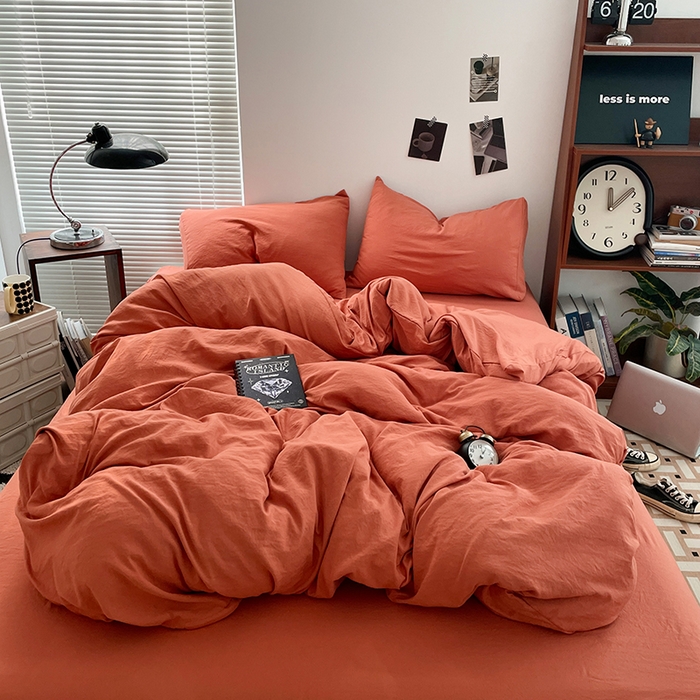 91家纺网 家纺一手货源 找家纺 优尚佳生活馆 2025新款ins风超柔褶皱亲肤磨毛水洗棉四件套纯色系列（风格二） 浪漫橙