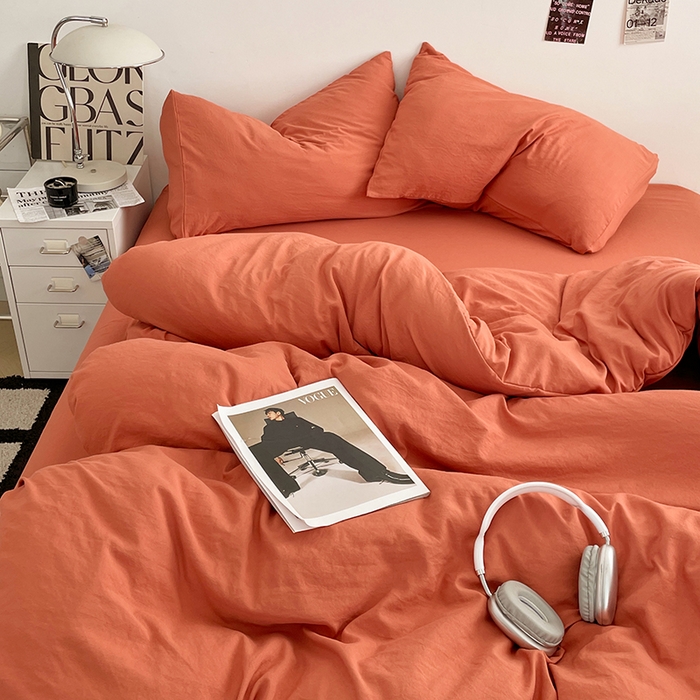 91家纺网 家纺一手货源 找家纺 优尚佳生活馆 2025新款ins风超柔褶皱亲肤磨毛水洗棉四件套纯色系列（风格一） 浪漫橙