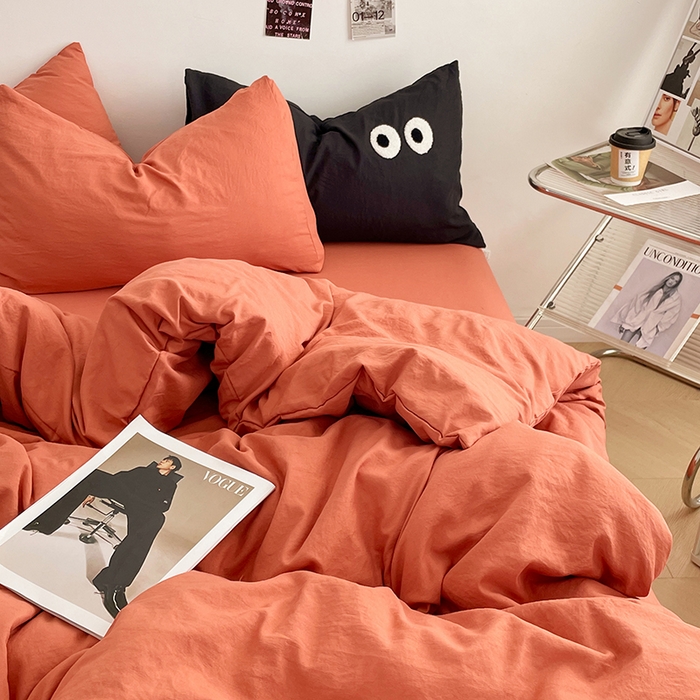 91家纺网 家纺一手货源 找家纺 优尚佳生活馆 2025新款ins风超柔褶皱亲肤磨毛水洗棉四件套纯色系列（风格一） 浪漫橙