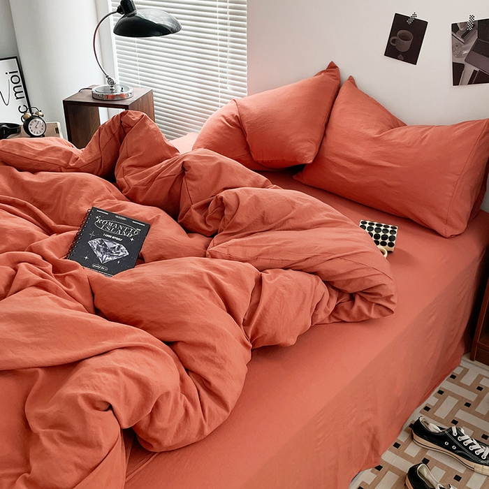 91家纺网 家纺一手货源 找家纺 优尚佳生活馆 2025新款ins风超柔褶皱亲肤磨毛水洗棉四件套纯色系列（风格二） 浪漫橙