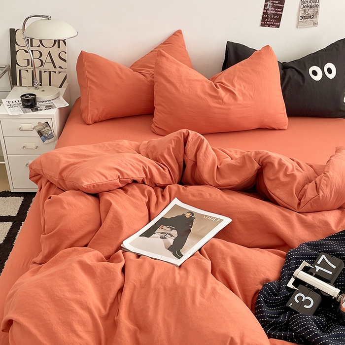 91家纺网 家纺一手货源 找家纺 优尚佳生活馆 2025新款ins风超柔褶皱亲肤磨毛水洗棉四件套纯色系列（风格一） 浪漫橙