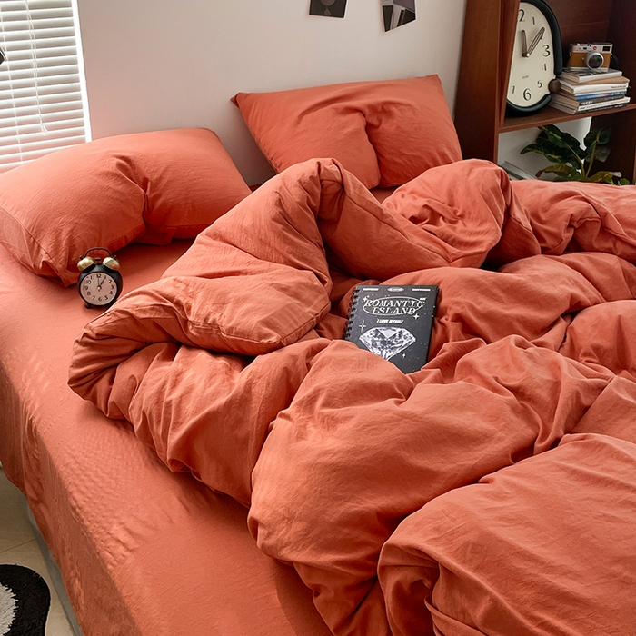 91家纺网 家纺一手货源 找家纺 优尚佳生活馆 2025新款ins风超柔褶皱亲肤磨毛水洗棉四件套纯色系列（风格二） 浪漫橙