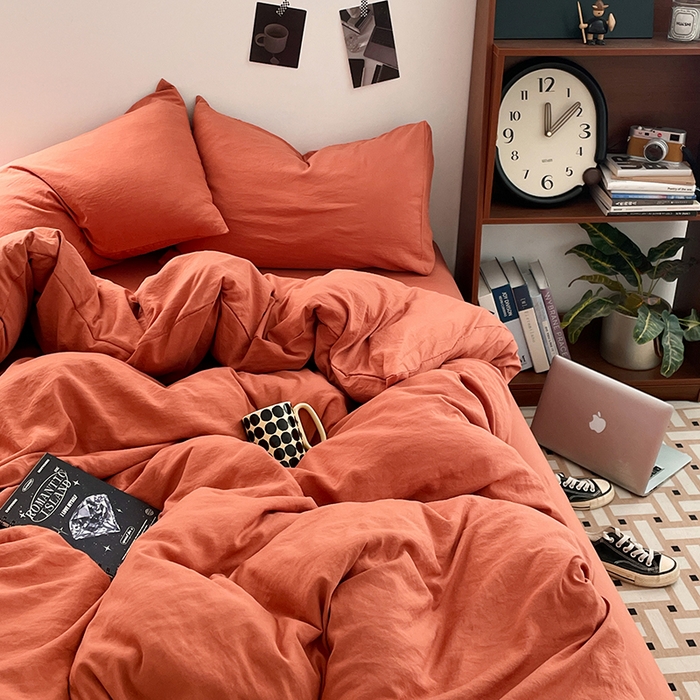 91家纺网 家纺一手货源 找家纺 优尚佳生活馆 2025新款ins风超柔褶皱亲肤磨毛水洗棉四件套纯色系列（风格二） 浪漫橙