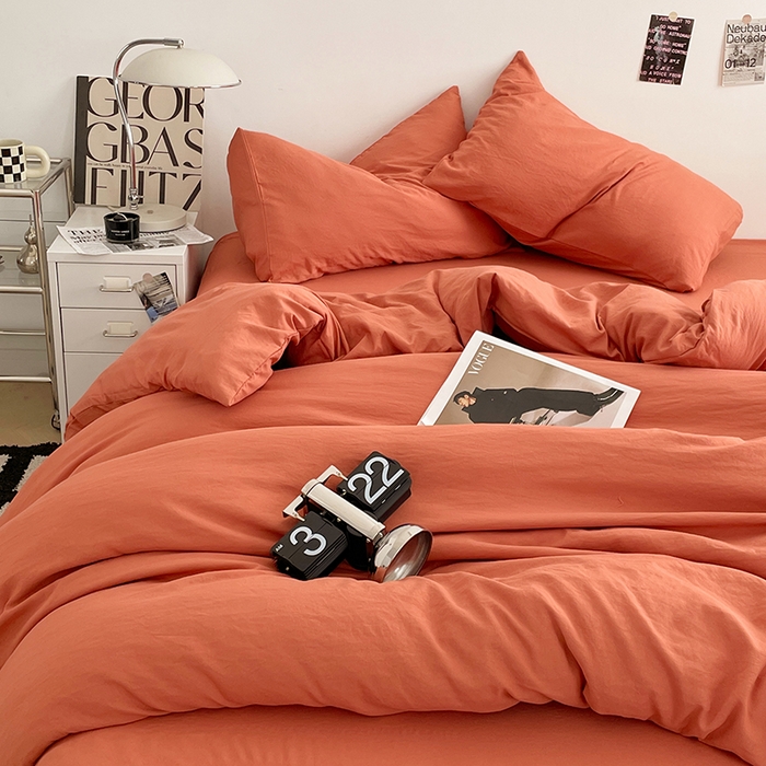 91家纺网 家纺一手货源 找家纺 优尚佳生活馆 2025新款ins风超柔褶皱亲肤磨毛水洗棉四件套纯色系列（风格一） 浪漫橙