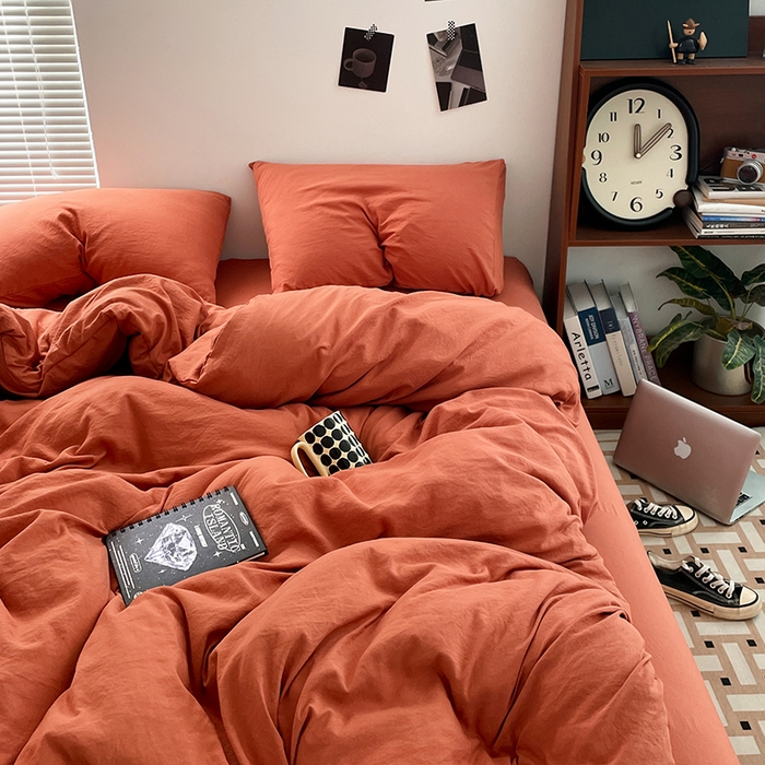 91家纺网 家纺一手货源 找家纺 优尚佳生活馆 2025新款ins风超柔褶皱亲肤磨毛水洗棉四件套纯色系列（风格二） 浪漫橙