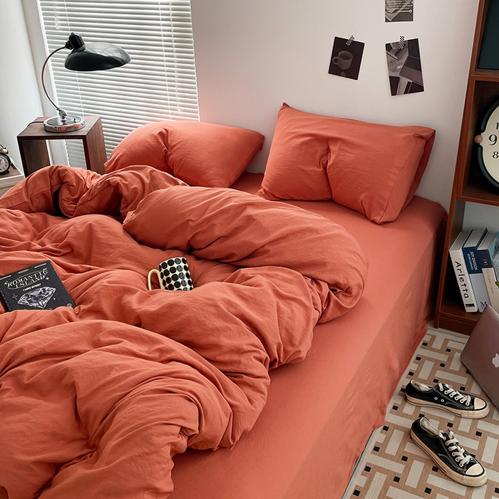 91家纺网 家纺一手货源 找家纺 优尚佳生活馆 2025新款ins风超柔褶皱亲肤磨毛水洗棉四件套纯色系列（风格二） 浪漫橙