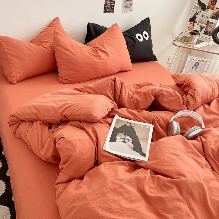 91家纺网 家纺一手货源 找家纺 优尚佳生活馆 2025新款ins风超柔褶皱亲肤磨毛水洗棉四件套纯色系列（风格一） 浪漫橙
