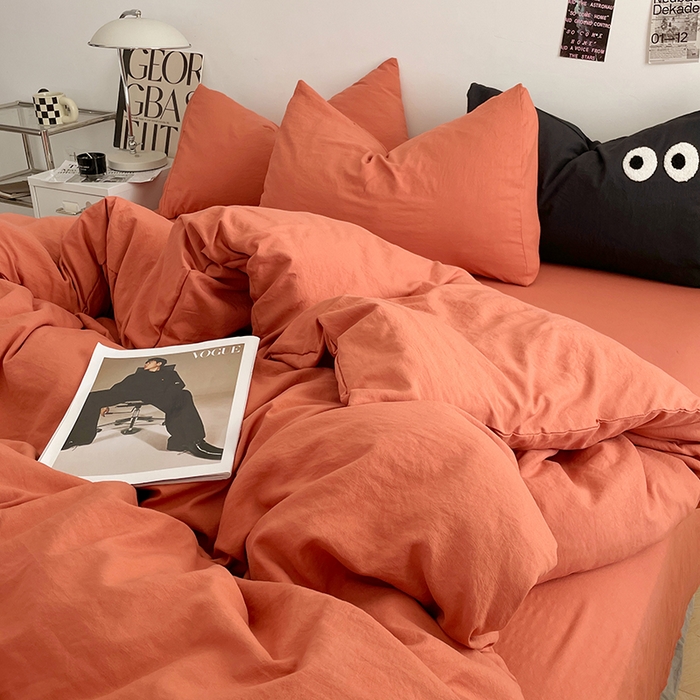 91家纺网 家纺一手货源 找家纺 优尚佳生活馆 2025新款ins风超柔褶皱亲肤磨毛水洗棉四件套纯色系列（风格一） 浪漫橙
