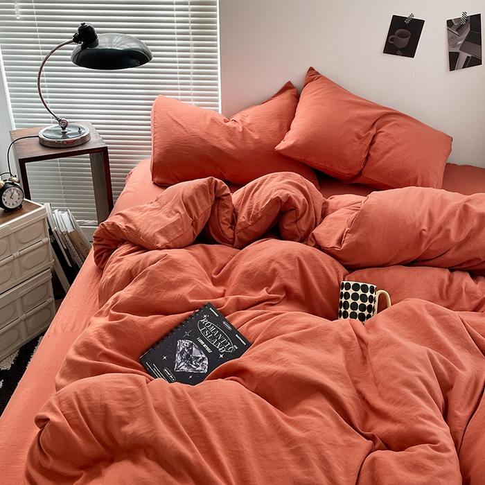 91家纺网 家纺一手货源 找家纺 优尚佳生活馆 2025新款ins风超柔褶皱亲肤磨毛水洗棉四件套纯色系列（风格二） 浪漫橙