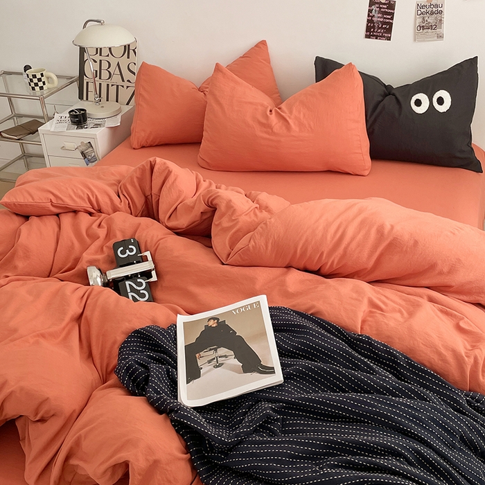 91家纺网 家纺一手货源 找家纺 优尚佳生活馆 2025新款ins风超柔褶皱亲肤磨毛水洗棉四件套纯色系列（风格一） 浪漫橙