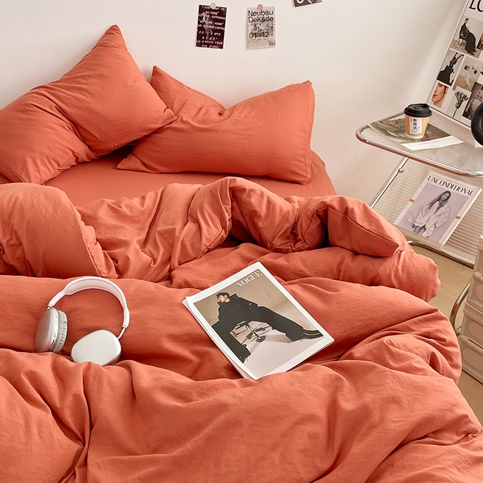 91家纺网 家纺一手货源 找家纺 优尚佳生活馆 2025新款ins风超柔褶皱亲肤磨毛水洗棉四件套纯色系列（风格一） 浪漫橙