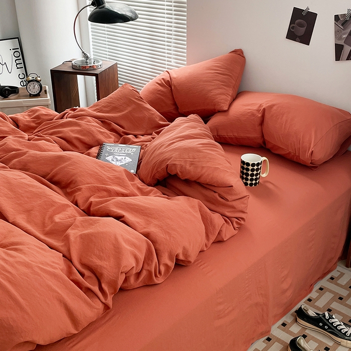 91家纺网 家纺一手货源 找家纺 优尚佳生活馆 2025新款ins风超柔褶皱亲肤磨毛水洗棉四件套纯色系列（风格二） 浪漫橙