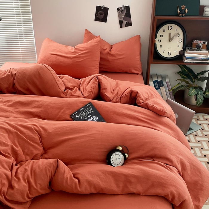 91家纺网 家纺一手货源 找家纺 优尚佳生活馆 2025新款ins风超柔褶皱亲肤磨毛水洗棉四件套纯色系列（风格二） 浪漫橙