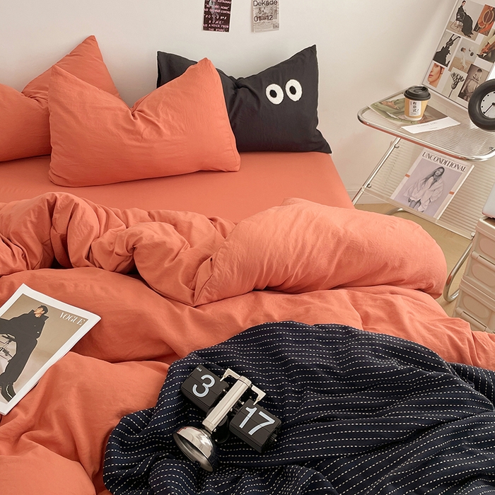 91家纺网 家纺一手货源 找家纺 优尚佳生活馆 2025新款ins风超柔褶皱亲肤磨毛水洗棉四件套纯色系列（风格一） 浪漫橙