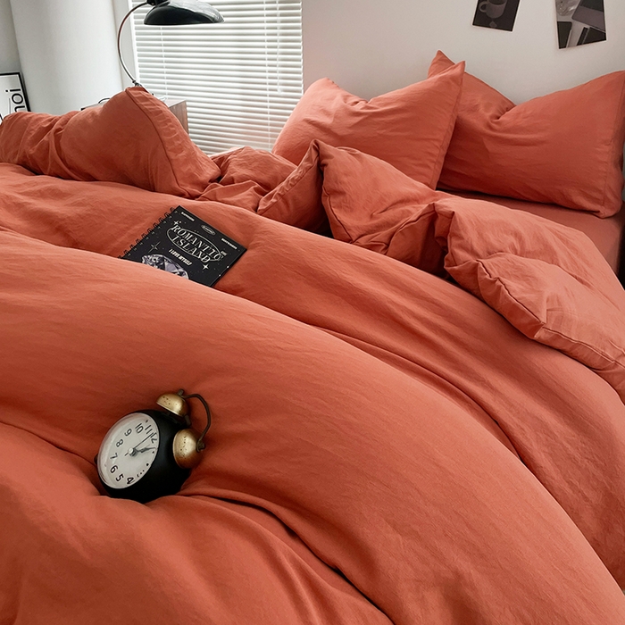 91家纺网 家纺一手货源 找家纺 优尚佳生活馆 2025新款ins风超柔褶皱亲肤磨毛水洗棉四件套纯色系列（风格二） 浪漫橙