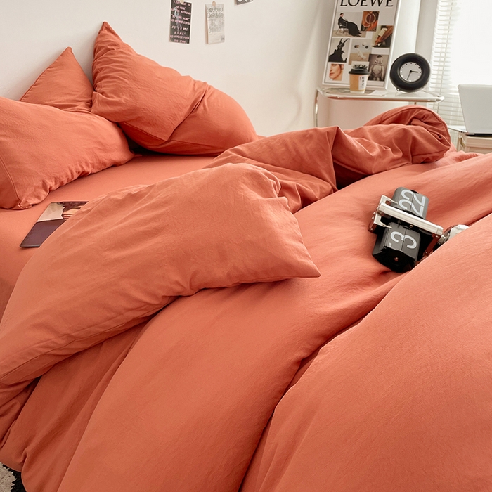 91家纺网 家纺一手货源 找家纺 优尚佳生活馆 2025新款ins风超柔褶皱亲肤磨毛水洗棉四件套纯色系列（风格一） 浪漫橙
