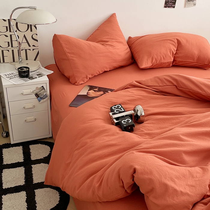 91家纺网 家纺一手货源 找家纺 优尚佳生活馆 2025新款ins风超柔褶皱亲肤磨毛水洗棉四件套纯色系列（风格一） 浪漫橙
