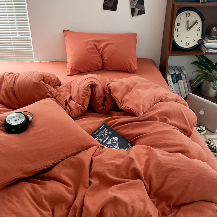91家纺网 家纺一手货源 找家纺 优尚佳生活馆 2025新款ins风超柔褶皱亲肤磨毛水洗棉四件套纯色系列（风格二） 浪漫橙