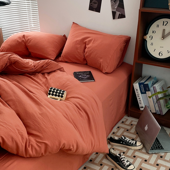 91家纺网 家纺一手货源 找家纺 优尚佳生活馆 2025新款ins风超柔褶皱亲肤磨毛水洗棉四件套纯色系列（风格二） 浪漫橙