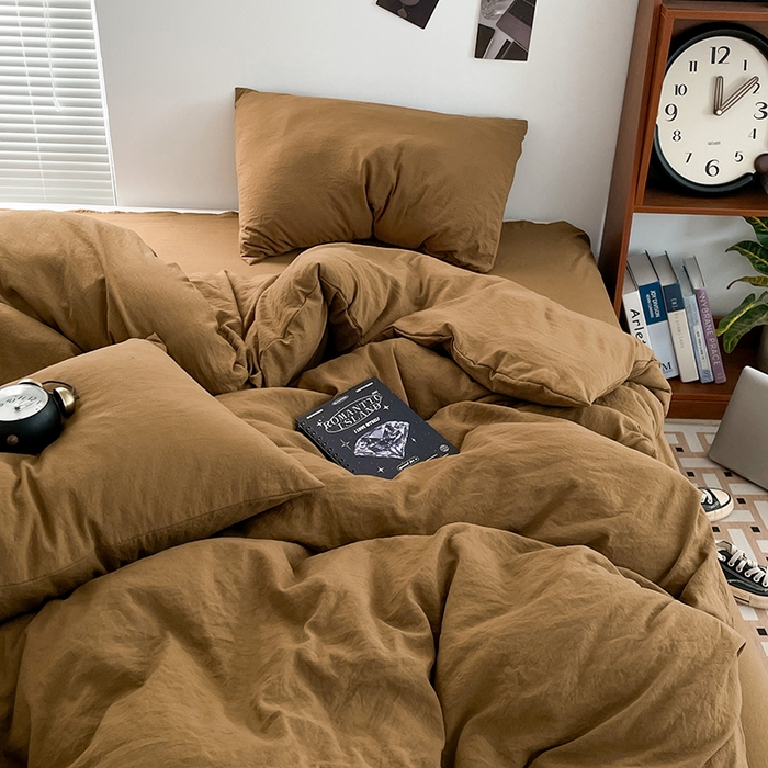 91家纺网 家纺一手货源 找家纺 优尚佳生活馆 2025新款ins风超柔褶皱亲肤磨毛水洗棉四件套纯色系列（风格二） 玛瑙黄