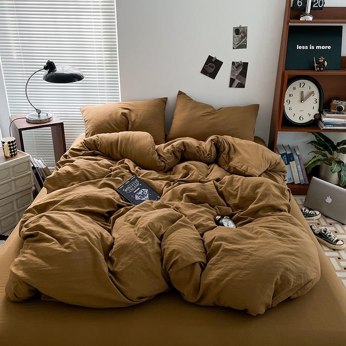 91家纺网 家纺一手货源 找家纺 优尚佳生活馆 2025新款ins风超柔褶皱亲肤磨毛水洗棉四件套纯色系列（风格二） 玛瑙黄