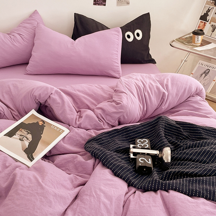 91家纺网 家纺一手货源 找家纺 优尚佳生活馆 2025新款ins风超柔褶皱亲肤磨毛水洗棉四件套纯色系列（风格一） 芋泥紫